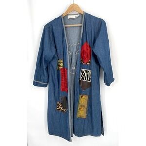 PNINA Denim Duster One Size Open Midi Cardigan Y2K Artsy Boho Blue Womens